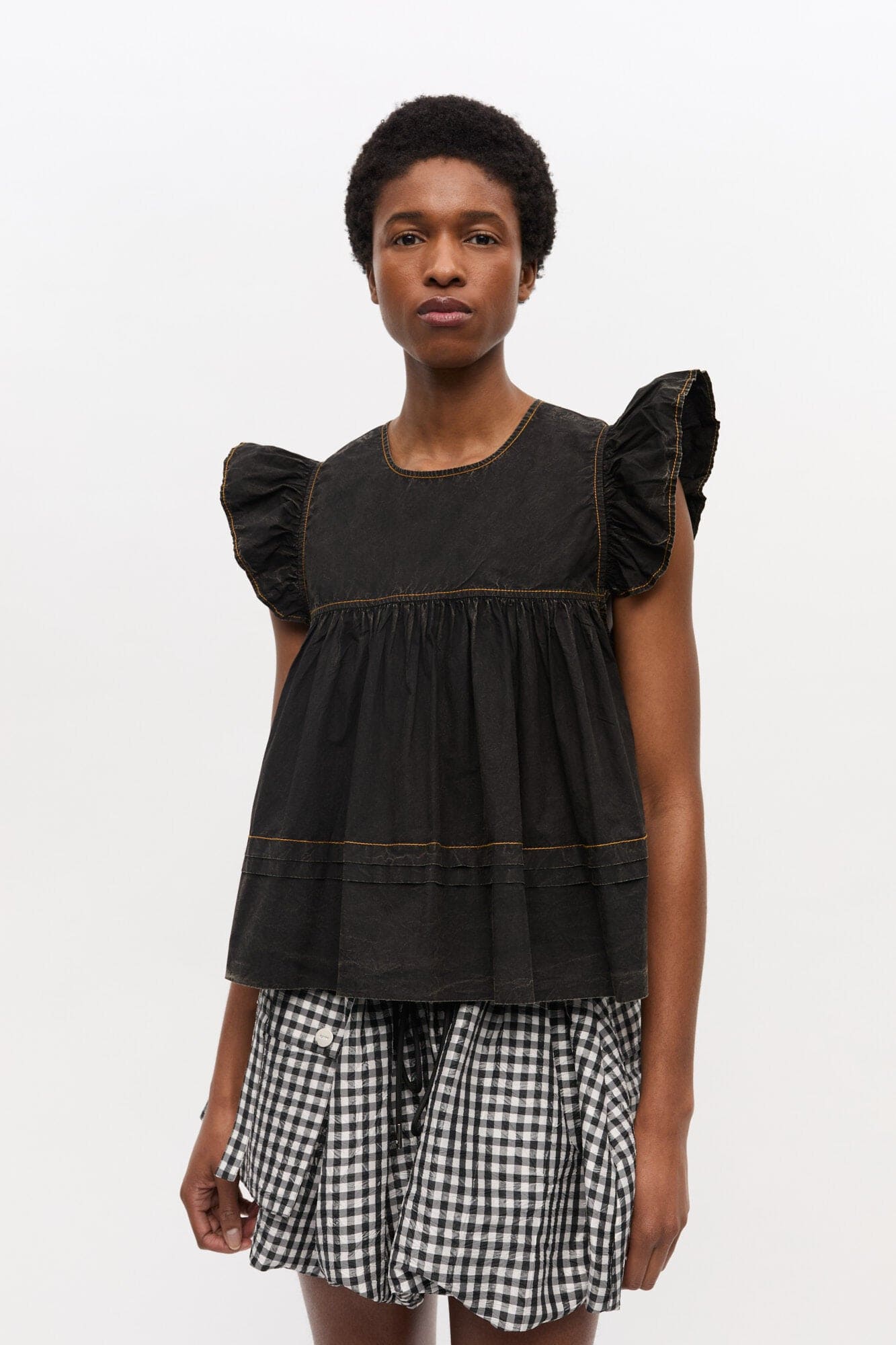 Ganni Garment dyed cotton frill sleeve top