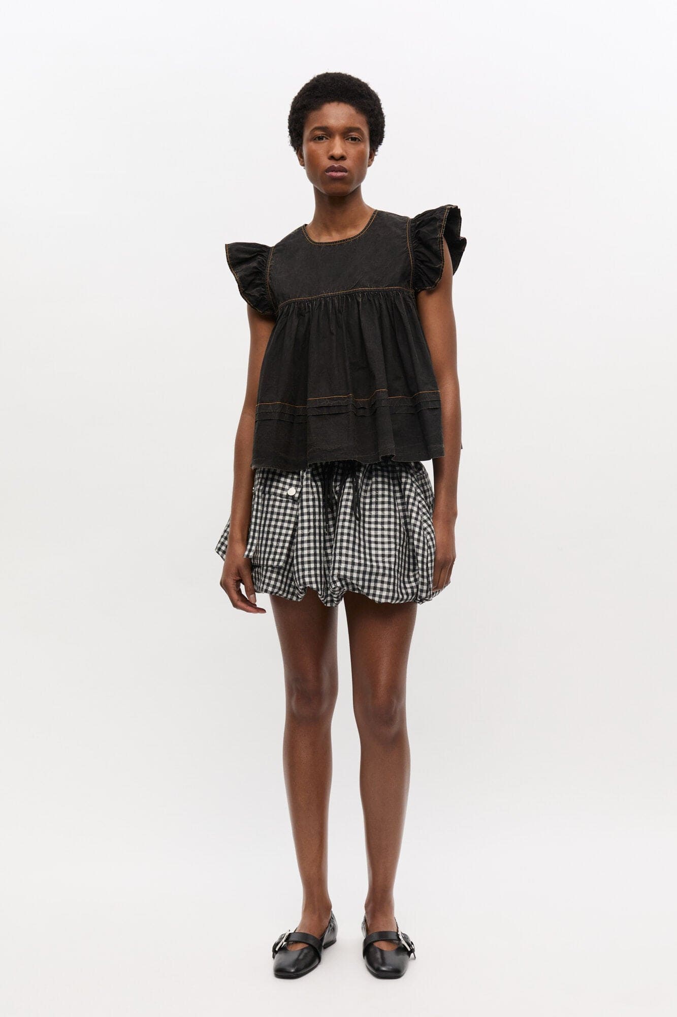 Ganni Garment dyed cotton frill sleeve top