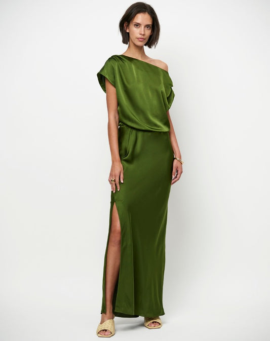 Dante6 Epic off shoulder satin maxi jurk