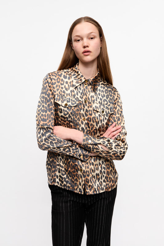 Ganni leopard print satin blouse
