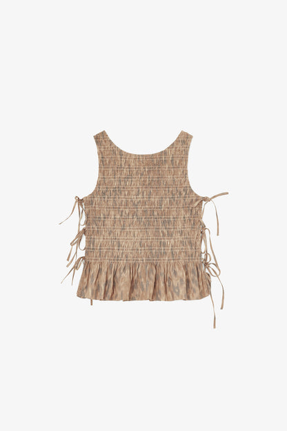 Ganni Printed stretch smocked top