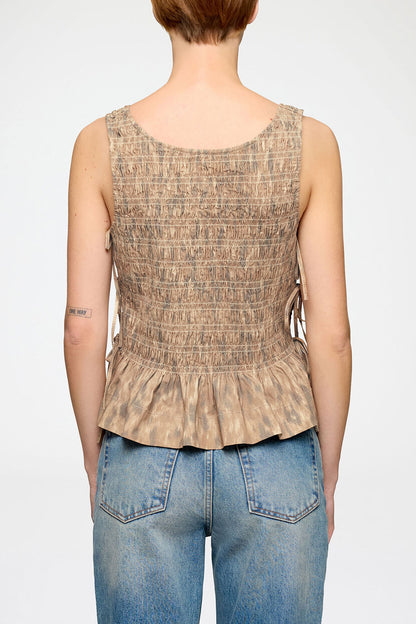 Ganni Printed stretch smocked top